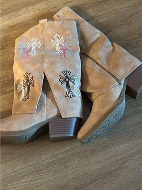 Hawkwell Tan Suede Embroidered Mid-Calf Heeled Boots
